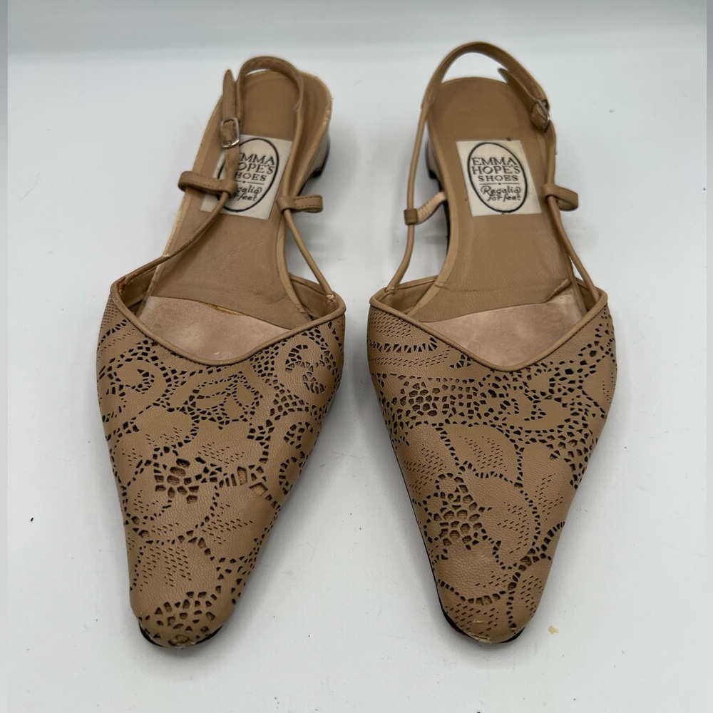 Emma Hope Lace Pointed Toe Sling Back Flats in Tan